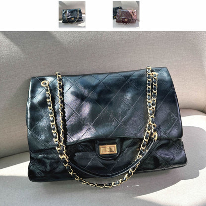 33/39cm Large Quilted Real Leather Flap Purse Shoulder Bag Chain Handbag Fashion
