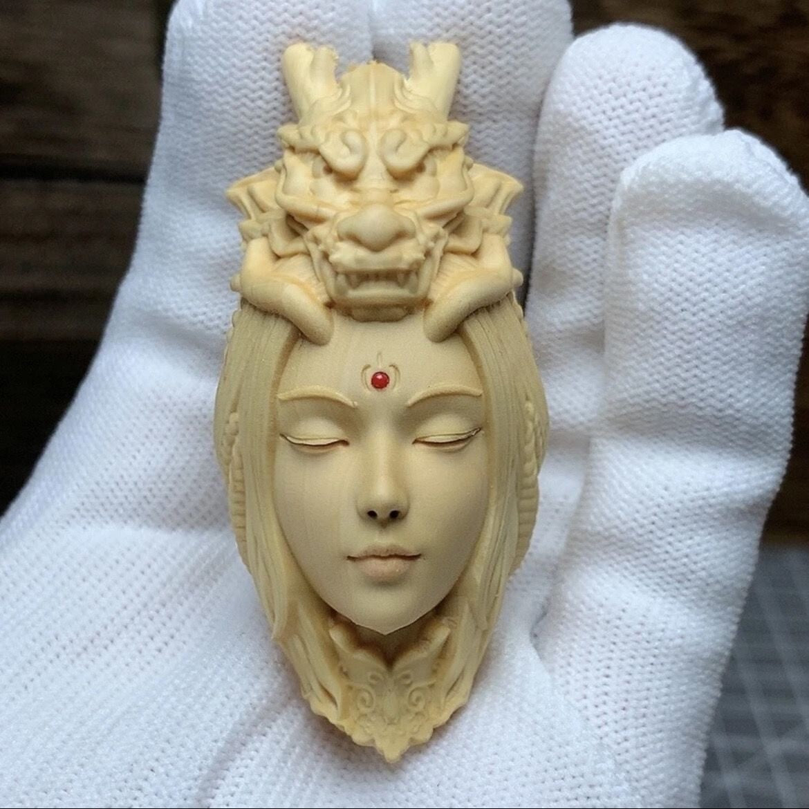 Boxwood Carved Chinese Dragon Girl Bead Chain Pendant Decor