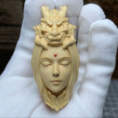 Boxwood Carved Chinese Dragon Girl Bead Chain Pendant Decor