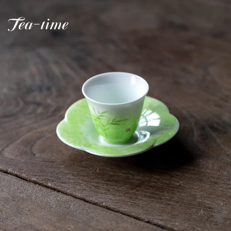 50ml Creative Grass Green Galze Ceramic Teacup Hand-painted Bamboo Master Cup