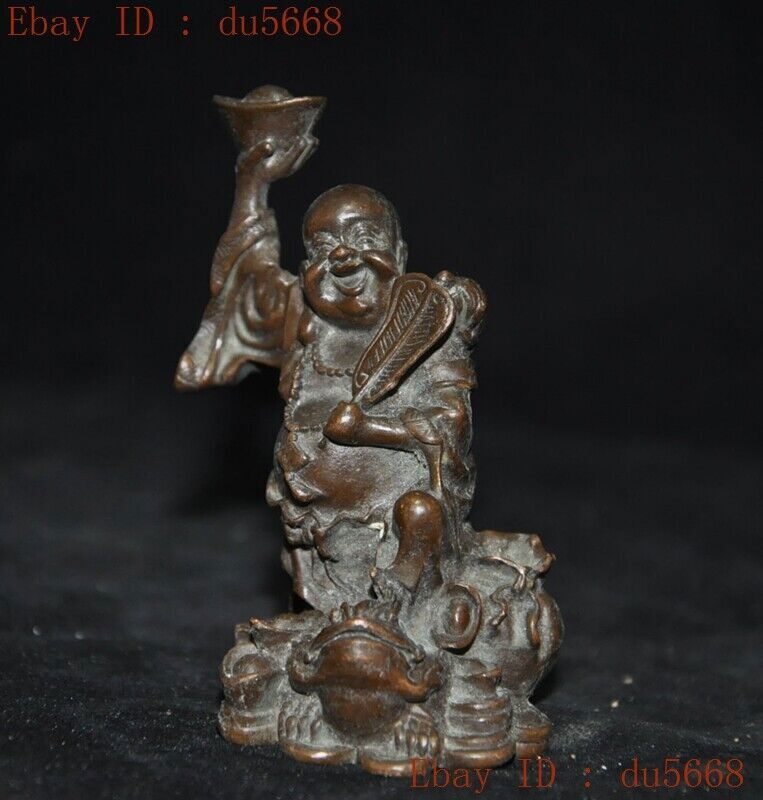 3"Chinese Buddhism Temple Bronze Wealth Gold Toad Yuanbao Maitreya Buddha Statue