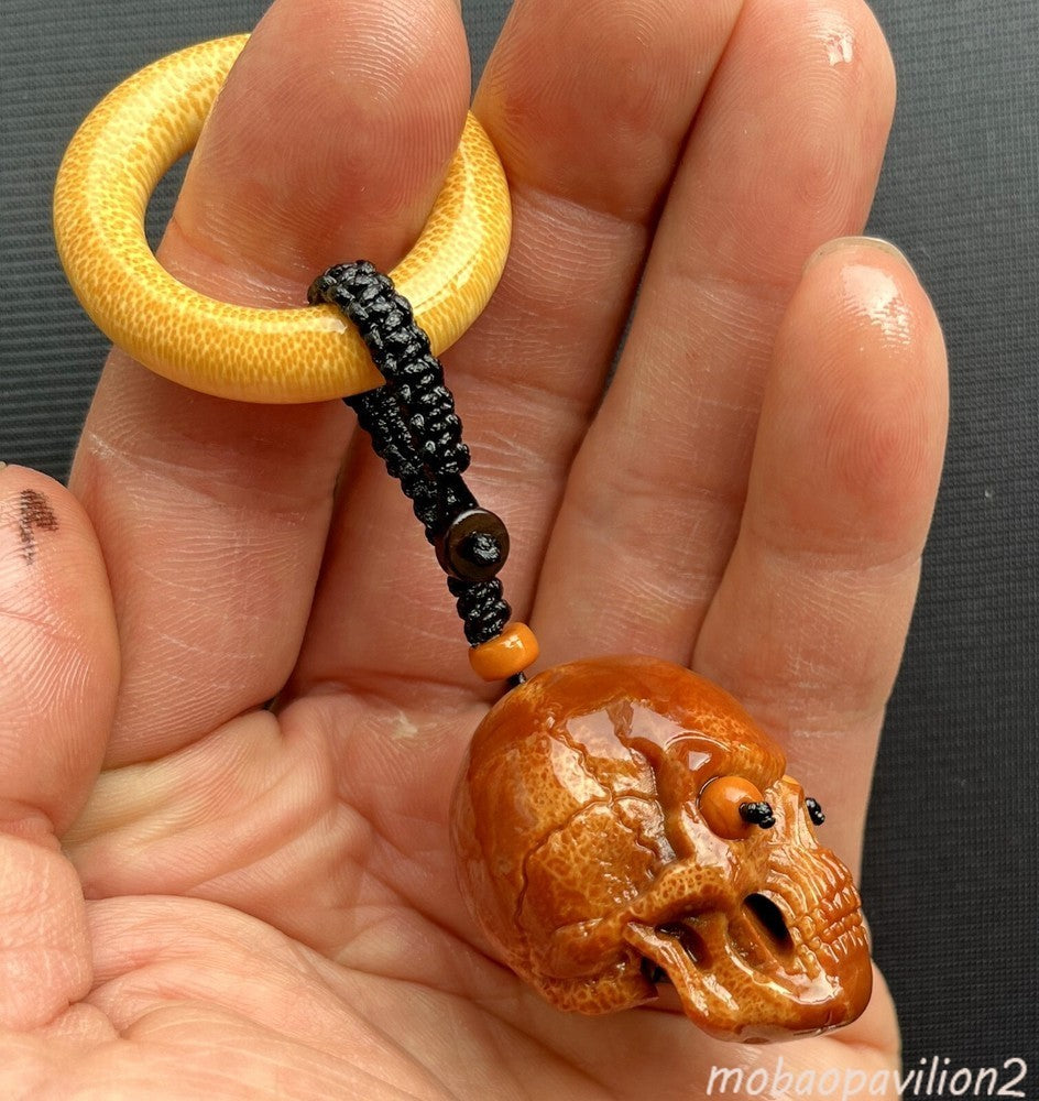 Olive Nut Carved Skull Bead Necklace Buddhist Mala Artisan Handmade Rosary