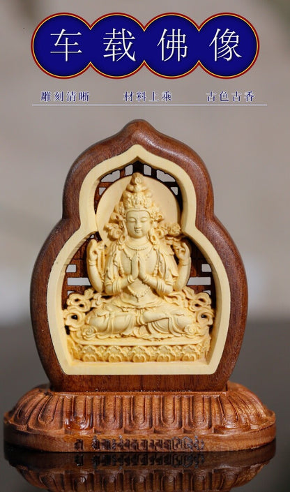 Buddhism Talisman Four Armed Guanyin Buddha Talisman Wood Carving Buddha Statue