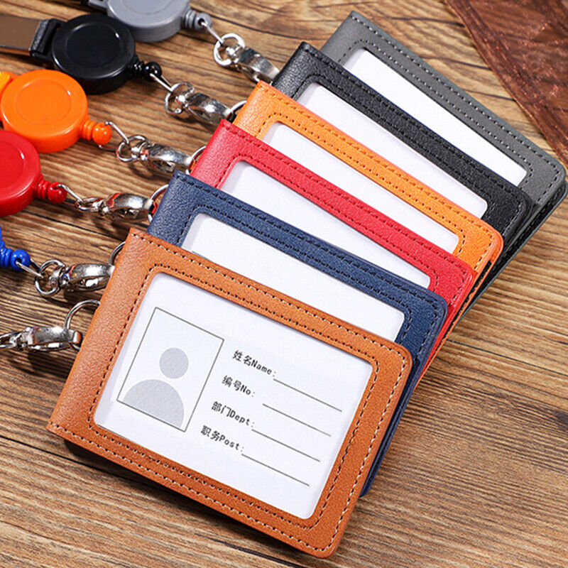 PU Leather Business Work Card ID Badge Lanyard Holder Neck Strap Cover Bags Ca
