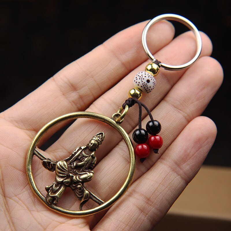 Vintage Brass Guanyin Bodhisattva Round Key Chain Ring Lanyard Pendant Buddhist