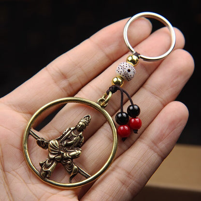 Vintage Brass Guanyin Bodhisattva Round Key Chain Ring Lanyard Pendant Buddhist