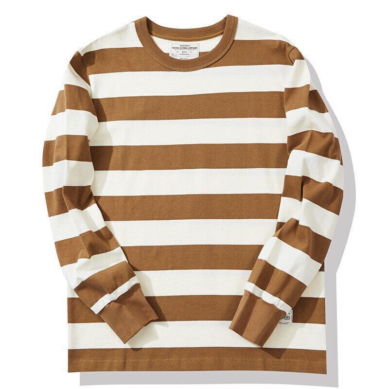 280g Heavyweight Cotton Striped Long Sleeve T-Shirt Men Autumn Navy Thick Tops