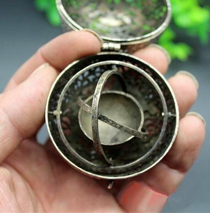 2.2" Tibet Silver Copper Carved Incense Burner Ball Statue