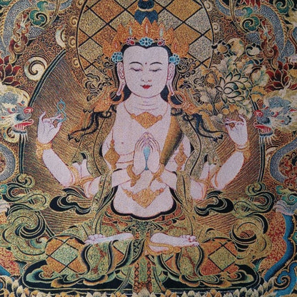 New Handmade Embroidery Four Arms Guanyin Bodhisattva Buddha Statue Painting