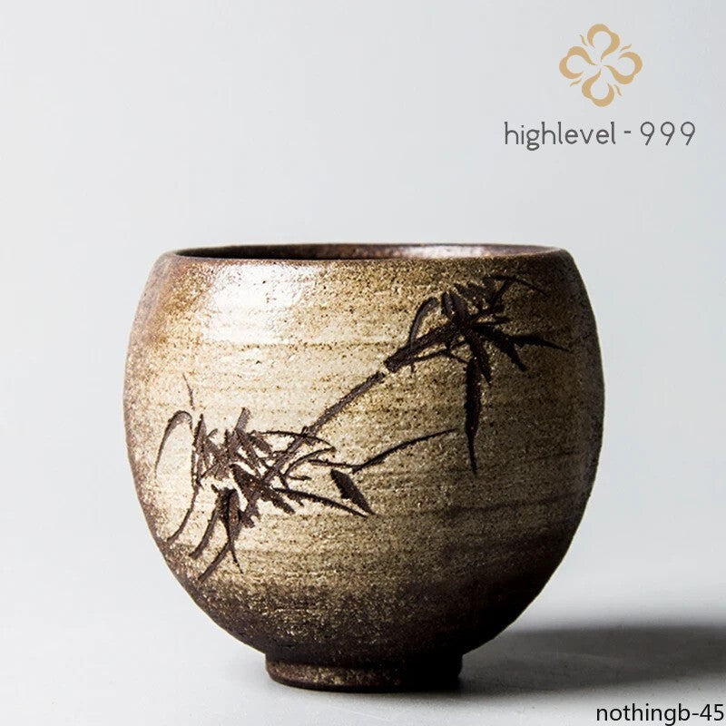 Hand-carved Pottery Bamboo Cups Chrysanthemum Zen Tea Cup Set Teaware Bowl