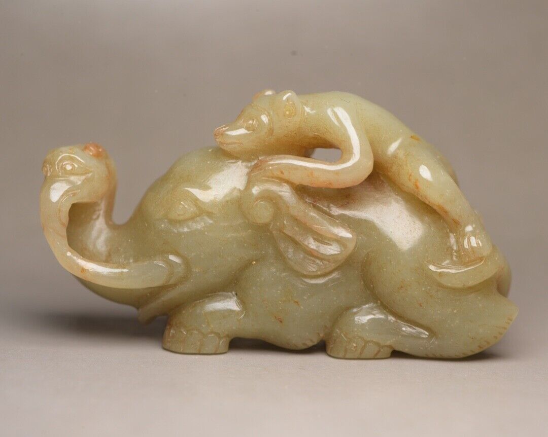 Chinese Natural Hotan Jade Carved Elephant Monkey Statue Exquisite Sculpture Art