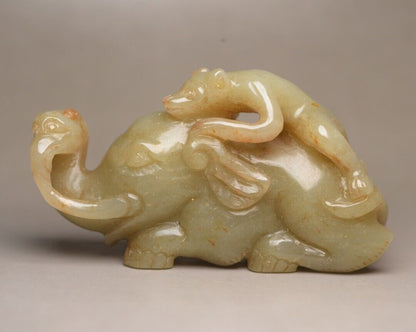 Chinese Natural Hotan Jade Carved Elephant Monkey Statue Exquisite Sculpture Art
