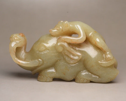 Chinese Natural Hotan Jade Carved Elephant Monkey Statue Exquisite Sculpture Art