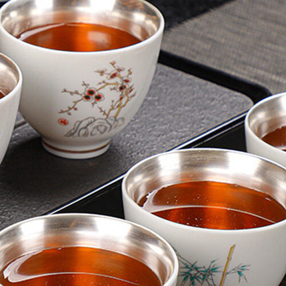 999 Sterling Silver Tea Cup Floral Print Under Glaze Porcelain Master Cup Of Tea