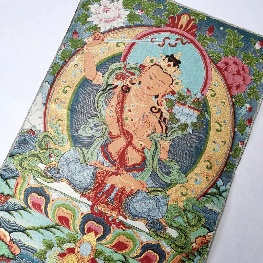 Tibet Buddhism Decor Silk Inwrought wisdom Manjushri Kwan-yin Thangka Mural