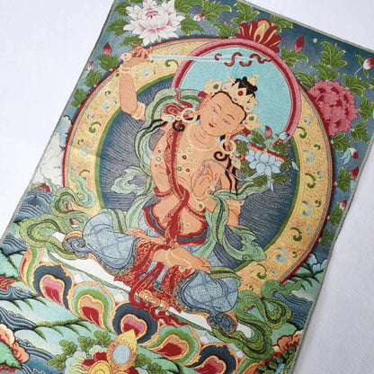 Tibet Buddhism Decor Silk Inwrought wisdom Manjushri Kwan-yin Thangka Mural