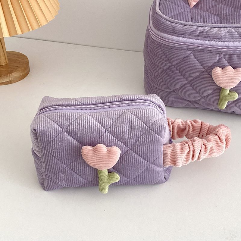Flowers Print Pouch Large Travel Cosmetic Bag Corduroy Toiletry Bags Storage Box