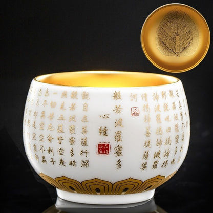24k Gold Tea Cup Zen Style Chinese Mater Heart Sutra Carved Full Handmade 180ml