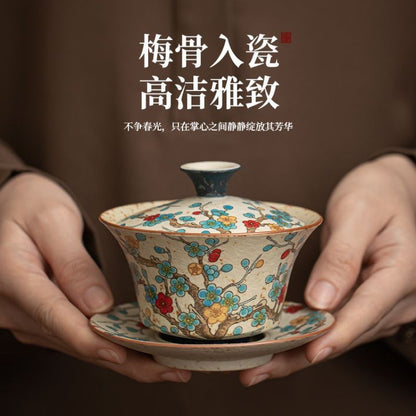 Vintage Clay Plum Blossom Gaiwan 10.7cm 150ml Hand Painted Tea Brewer Bowl