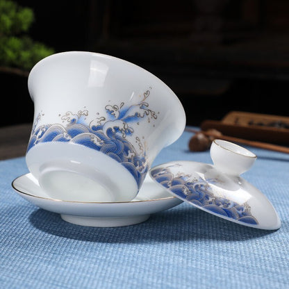 Brewing Tea Cups Sea Wave Gaiwan Chinese Style Ceramic Tureen 170ml Tea Bowl