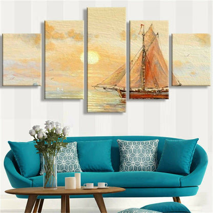 Sailboat Sunrise 5 Piece Art Poster Canvas Wall Art Home Decor Unframed