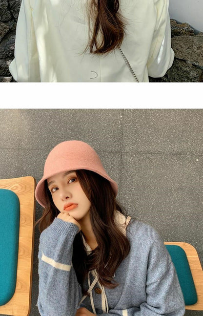 Women's Bucket Hat Warm Winter Teens Felt Wool Fur Black Cap Solid Multifunction