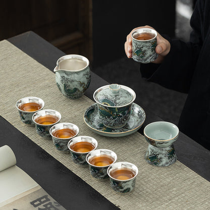 999 Sterling Silver Tea Set Ceramic Gaiwan Tea Pot Dragon Print Pitcher Tea Cups