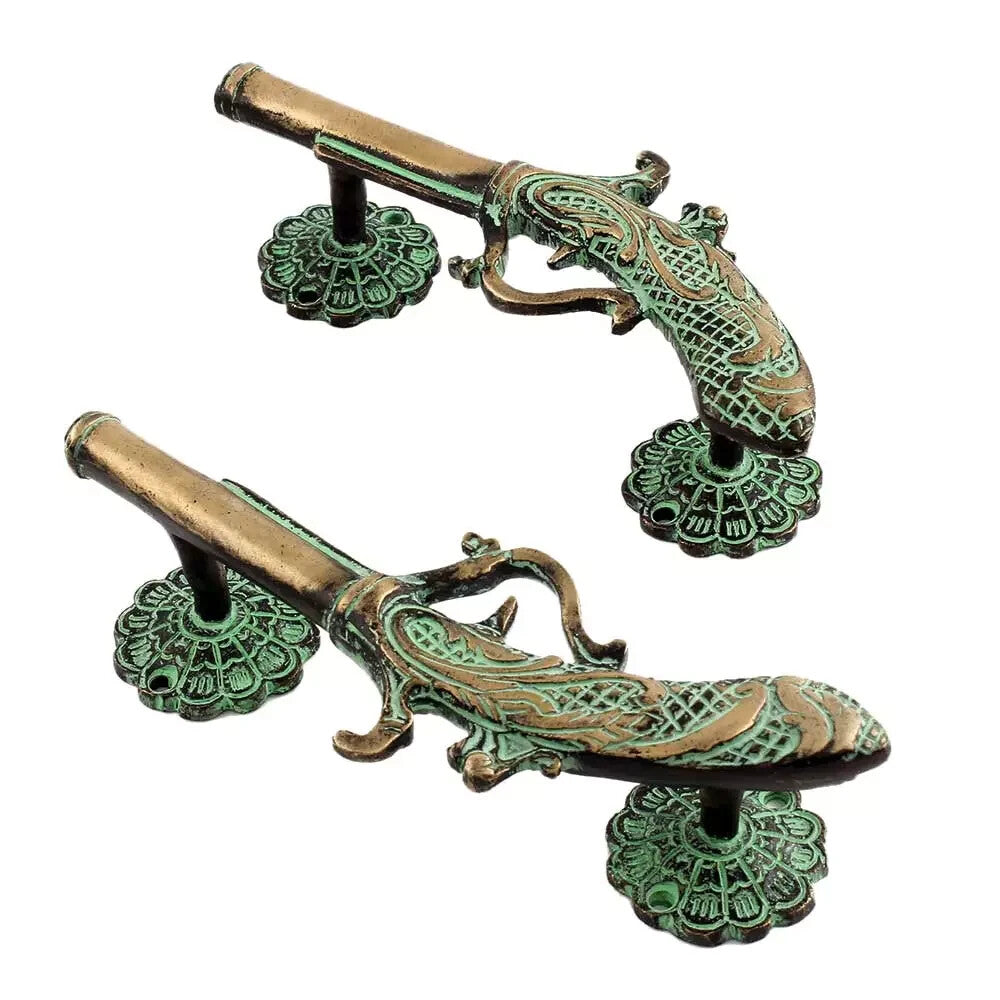 Set of 2 Antique Look Green Patila Brass Pistol Gun Decorative Door Handles