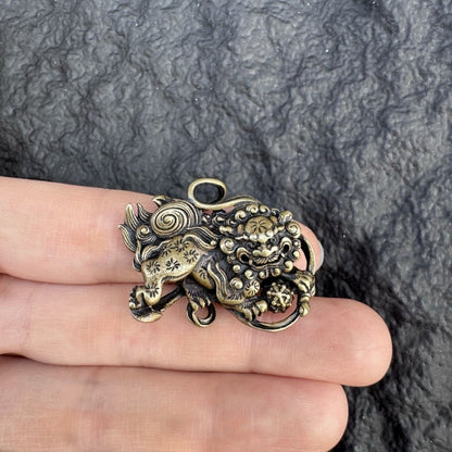 Vintage Tibetan Brass Snow Lion Pendant Antique Collectible Charm