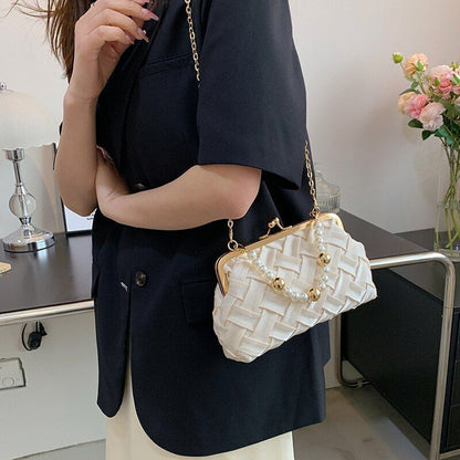 Shoulder Bag Pearl Chain Handbag Ribbon Weave Purses Clip Crossbody 21*5*13 CM