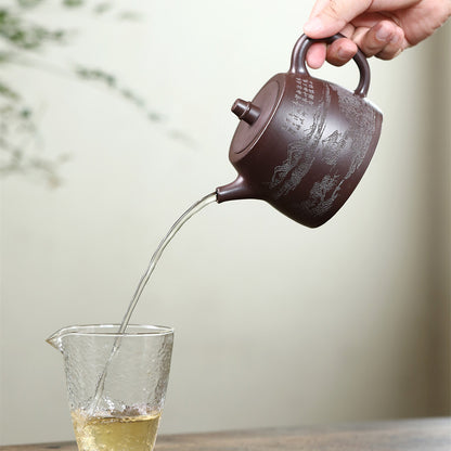 Handmade Tea Pot Marked 9 Infuser Holes Mountain Engraved Yixing Zisha Clay Pot