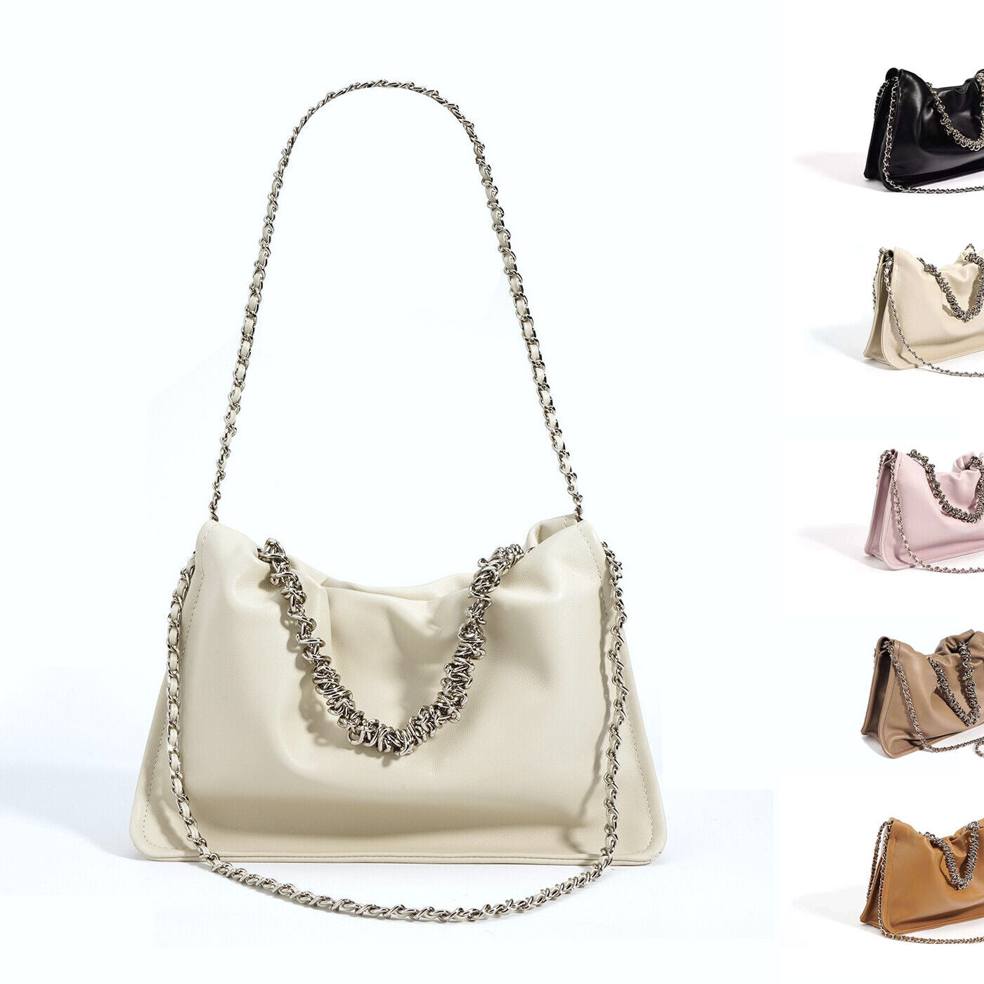 Ruched Real Leather Clutch Purse Pouch Tote Shoulder Bag Crossbody w/ Chains