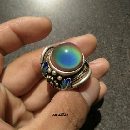 Antique Old Chinese Cloisonne Silver Inlay Gems Flower Jewelry Figure Ring