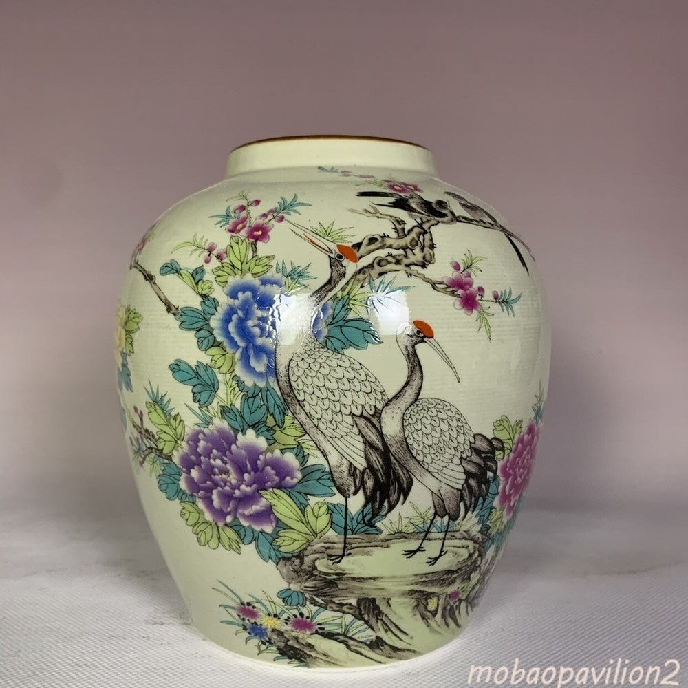 6.2 Inch Chinese Famille Rose Porcelain Jar Qing Guangxu Crane Peony Pattern Pot
