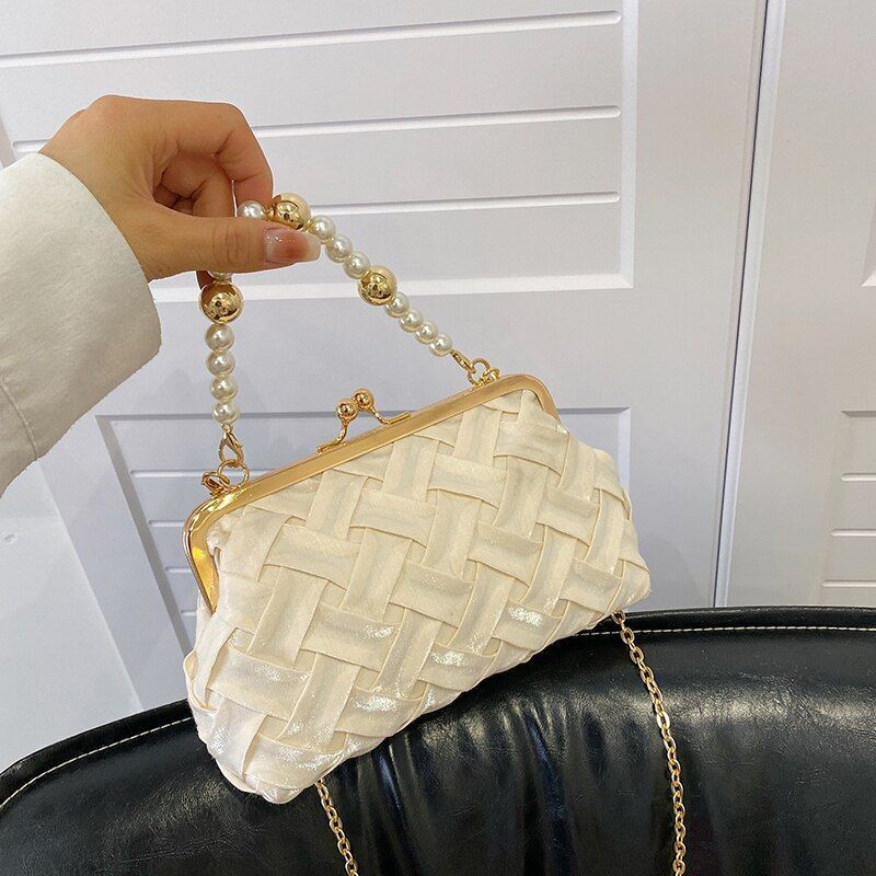 Shoulder Bag Pearl Chain Handbag Ribbon Weave Purses Clip Crossbody 21*5*13 CM