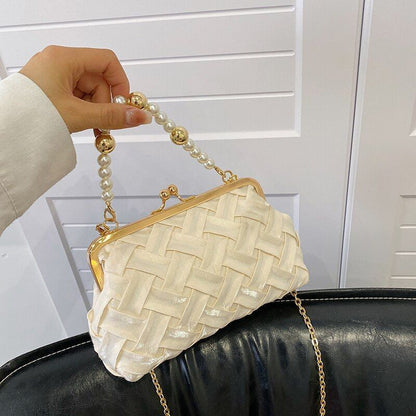 Shoulder Bag Pearl Chain Handbag Ribbon Weave Purses Clip Crossbody 21*5*13 CM