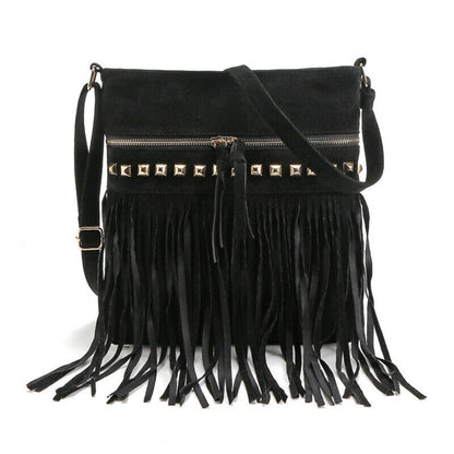 Women Cross Body Shoulder Bag Suede Fabric Rivet Tassel Bag Outdoor Travel