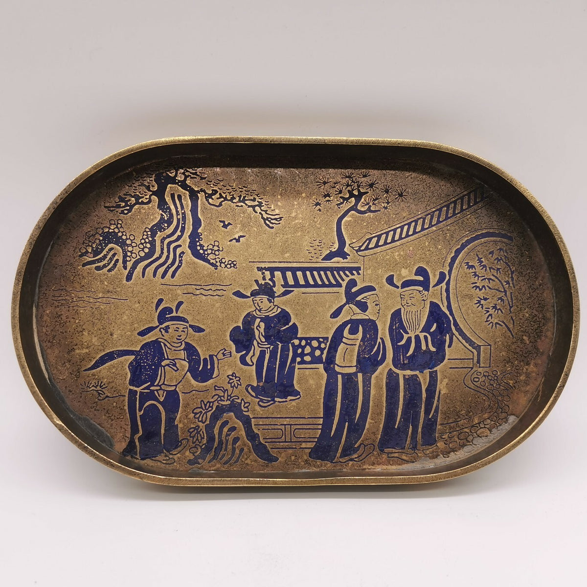 22cm China Ancient Brass Painting People Gathering Pattern Tea Board Tea Tray