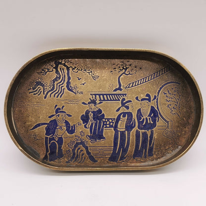 22cm China Ancient Brass Painting People Gathering Pattern Tea Board Tea Tray