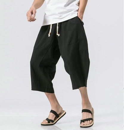Man Cotton Linen Leg Pants Loose Calf-Length Pants Bloomer Summer Baggy Trousers