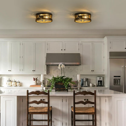 Farmhouse Ceiling Light, 2-Light round Flush Mount Ceiling Light with Wood and M