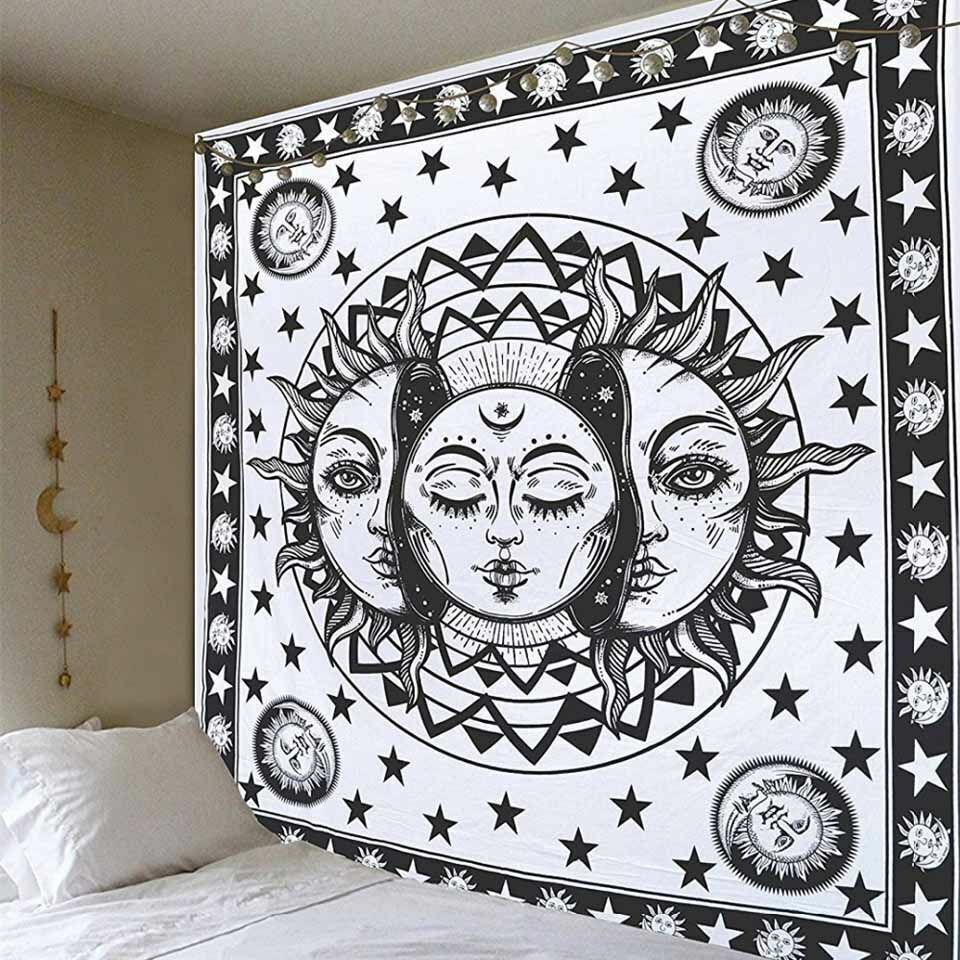 Psychedelic Tapestry White Black Sun Moon Mandala Wall Hanging Celestial Hippie
