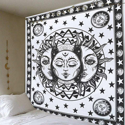 Psychedelic Tapestry White Black Sun Moon Mandala Wall Hanging Celestial Hippie
