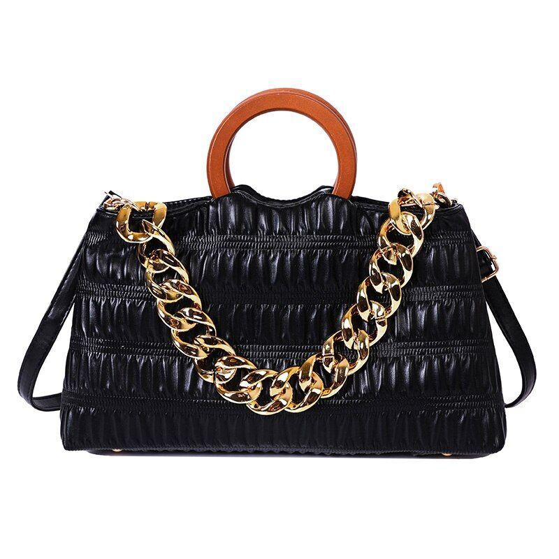 Thick Chain Shell Bag Synthetic Leather Crossbody Purse Wooden Handle 17*33*8 CM
