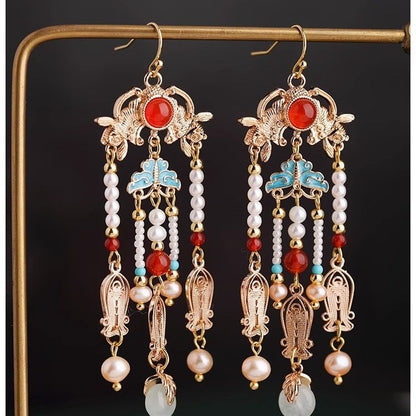 Hanfu Vintage Tassel Long Earrings Bride Filigree Fish Tang Style Chinese