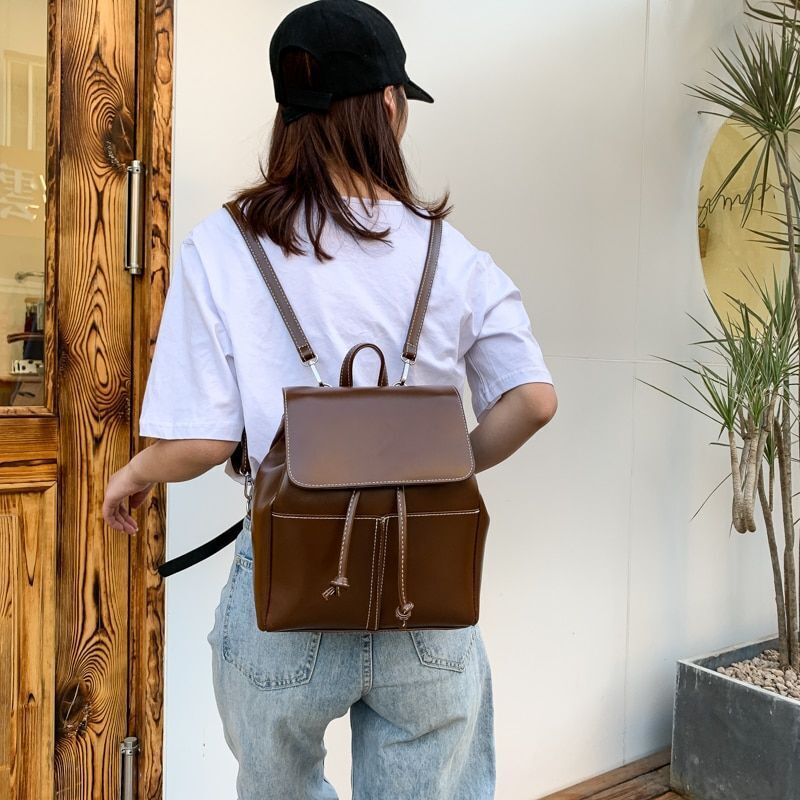 Synthetic Leather Backpack School Bags Drawstring Rucksack 19*27*15 CM Traveling