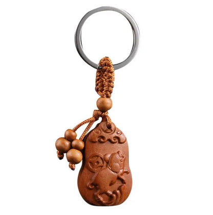 Chinese Peach Wood Carved Word Blessing Auspicious Word Twelve Zodiac Animals Pi