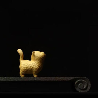 Chinese Boxwood Wood Hand Crafts Carved Cat Statue Netsuke Fengshui