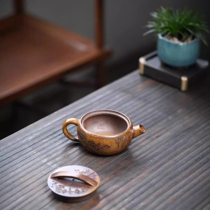 6.8oz Chinese Tea Pot Handmade Carved Real Yixing Zisha Pot Big Opening For Puer