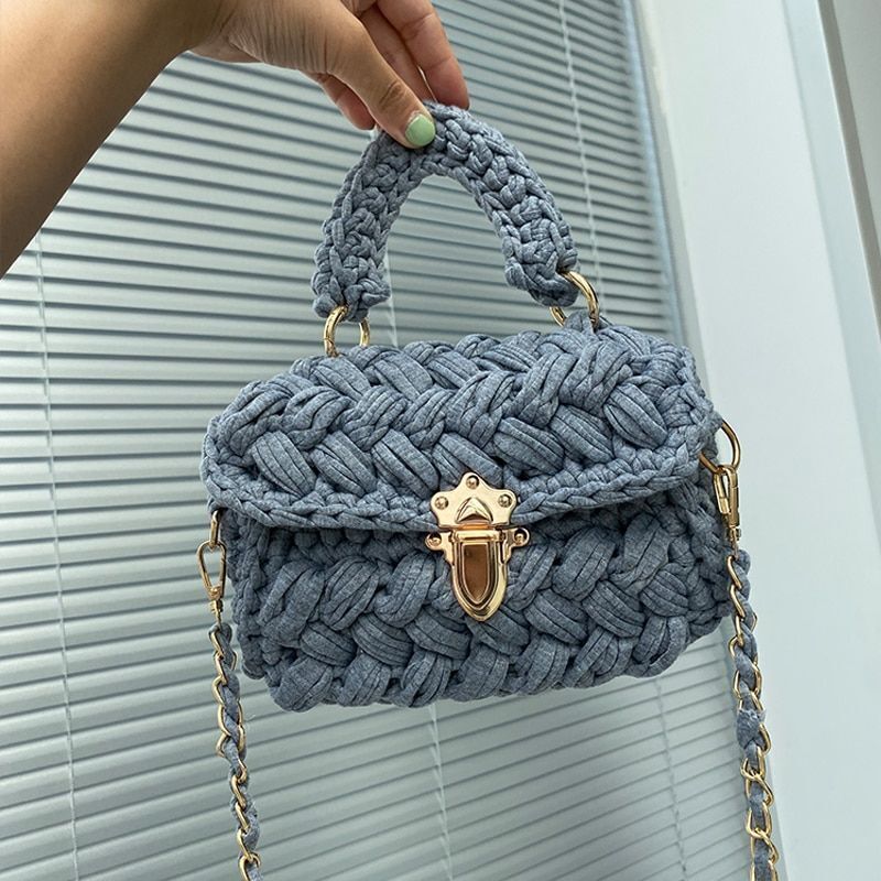 Knitting Bag Woolen Yarn Handmade Woven Handbag Square Crochet Purse 18*5*13 CM